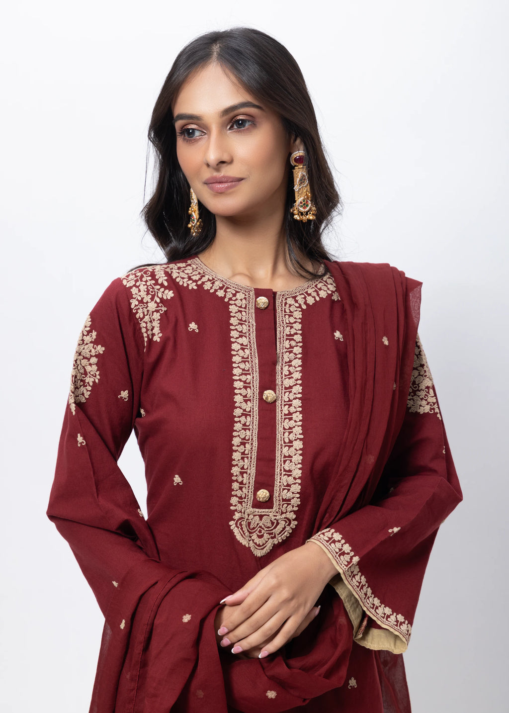 Embroidered Three Piece Suit Set in Maroon