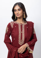 Embroidered Three Piece Suit Set in Maroon
