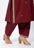 Embroidered Three Piece Suit Set in Maroon