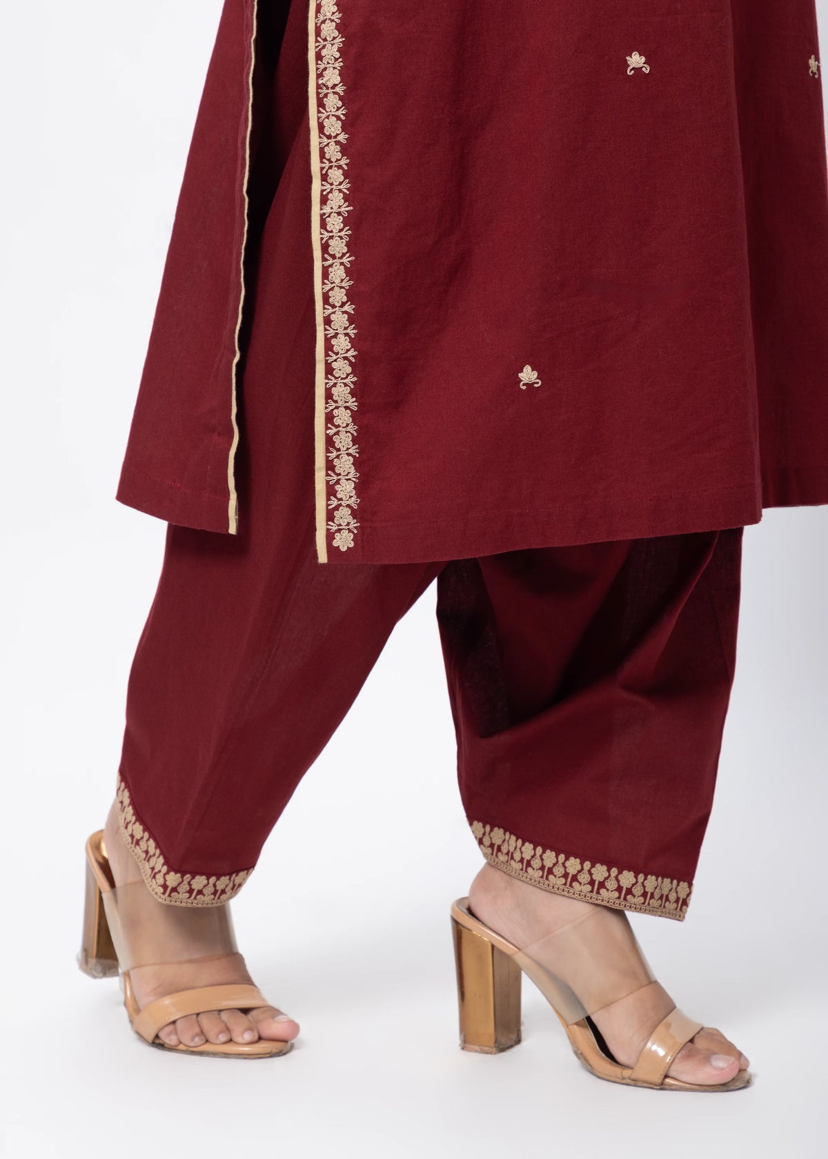 Embroidered Three Piece Suit Set in Maroon