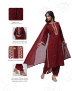 Embroidered Three Piece Suit Set in Maroon