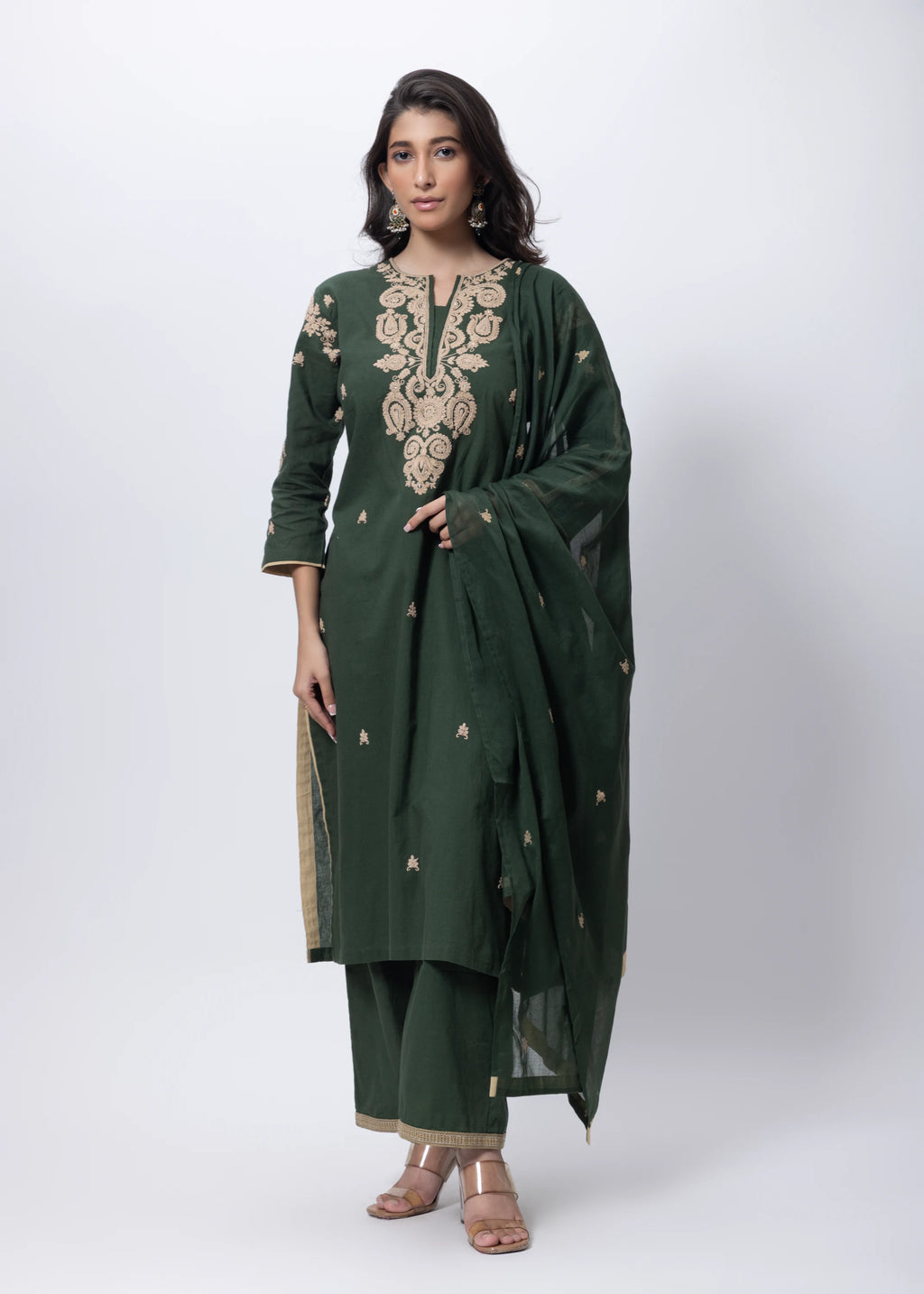 Embroidered Three Piece Suit Set in Forest Green