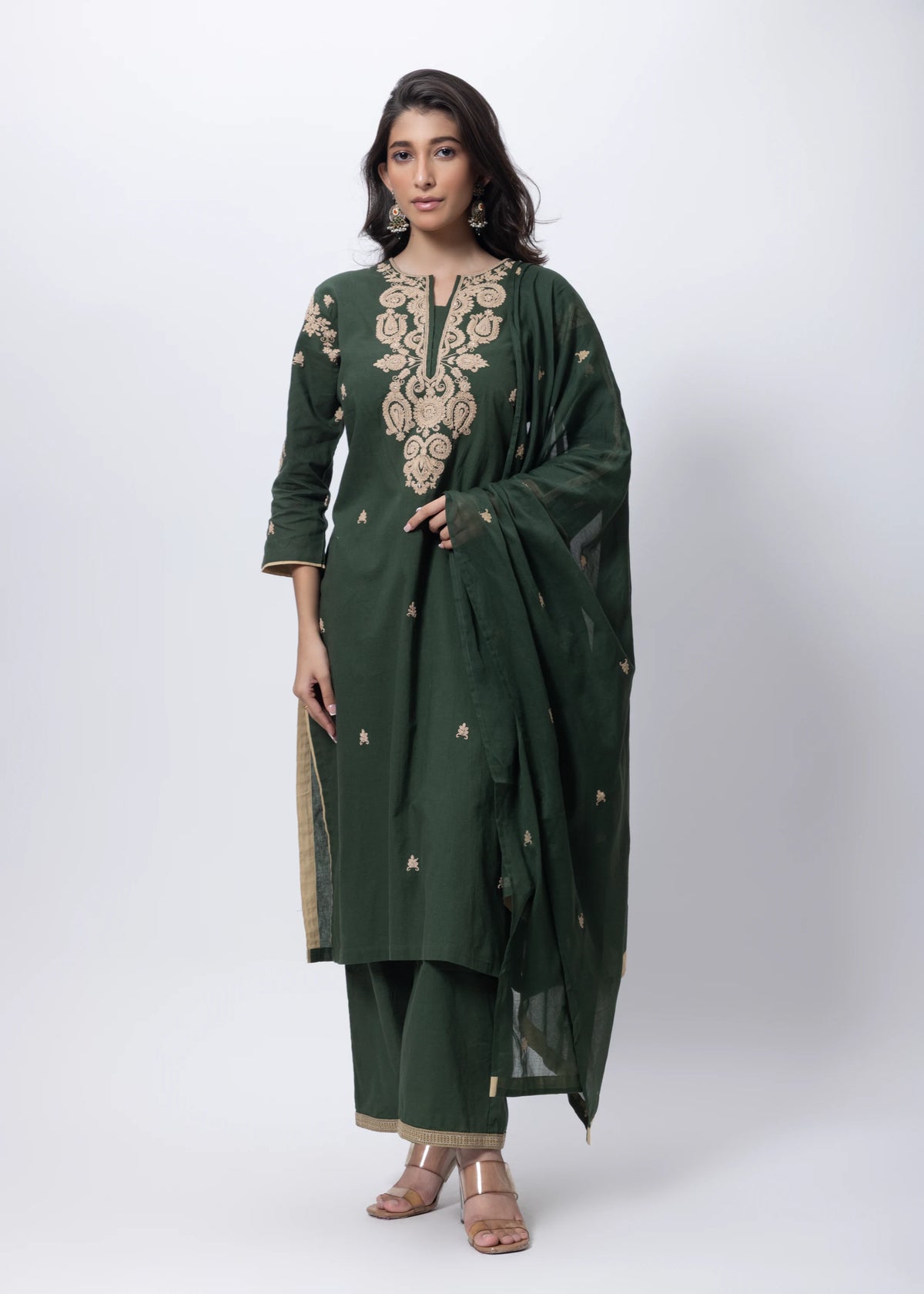 Embroidered Three Piece Suit Set in Forest Green