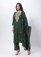 Embroidered Three Piece Suit Set in Forest Green