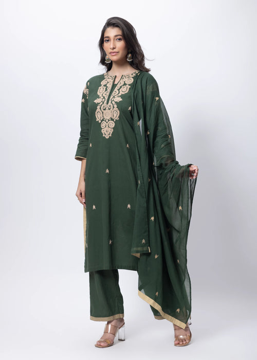 Embroidered Three Piece Suit Set in Forest Green