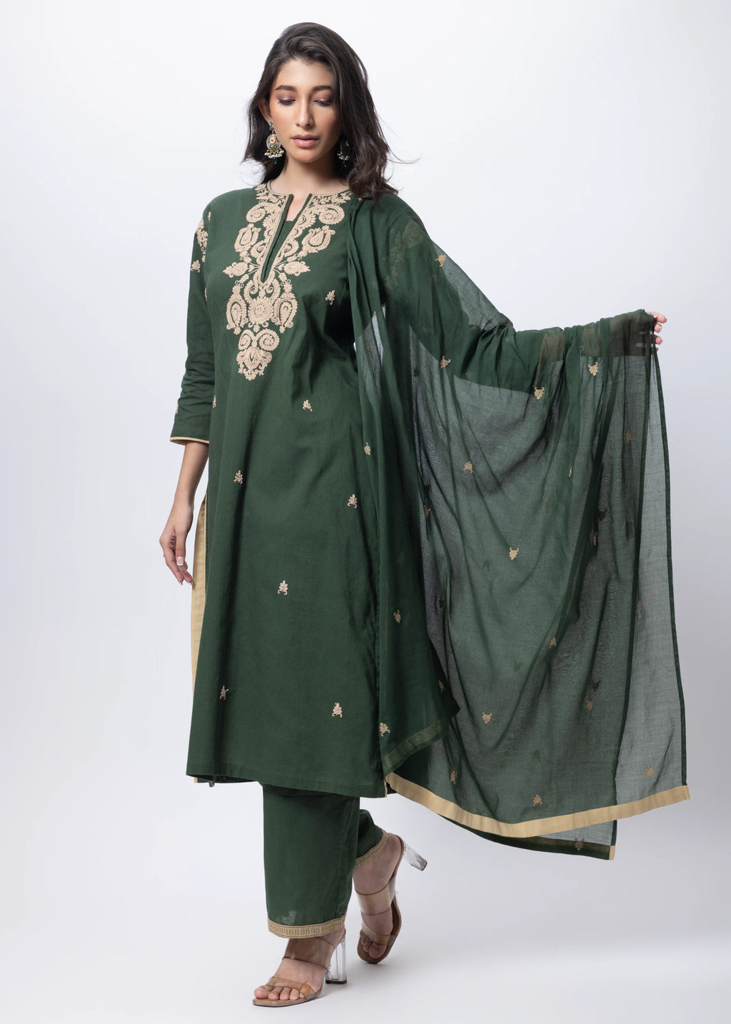 Embroidered Three Piece Suit Set in Forest Green
