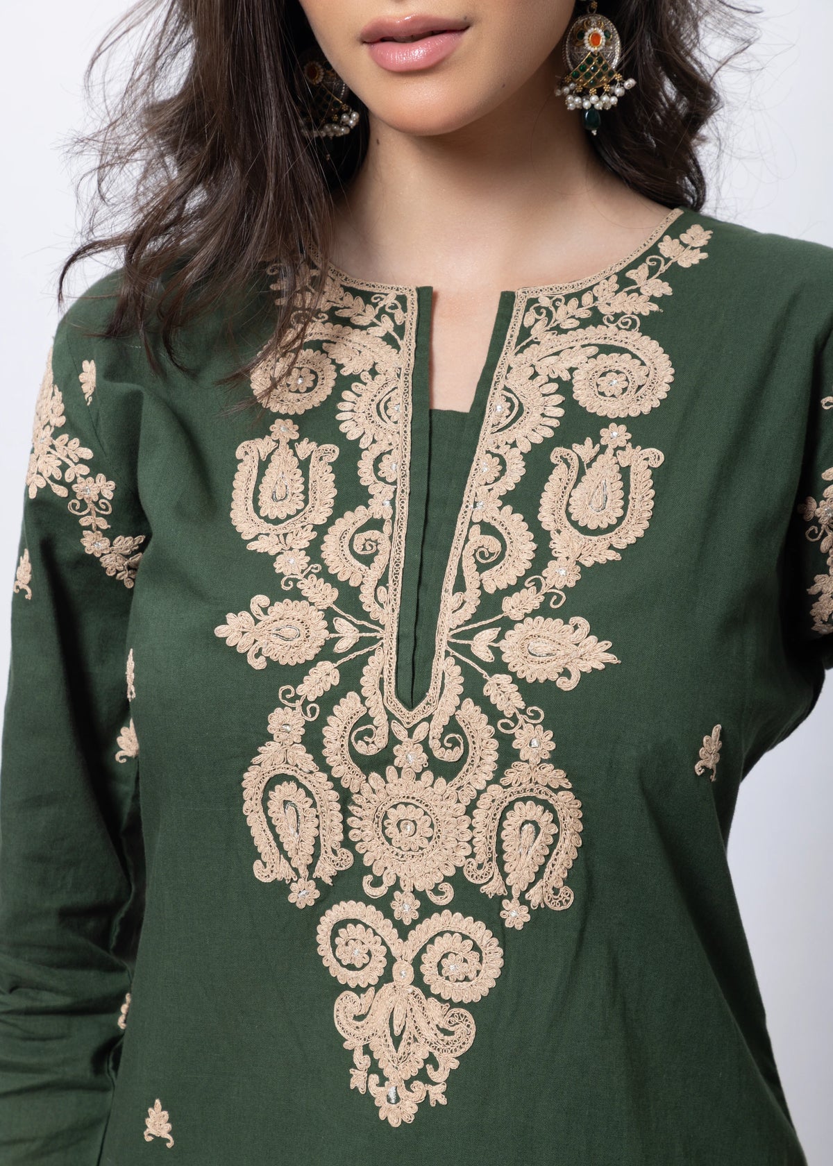 Embroidered Three Piece Suit Set in Forest Green