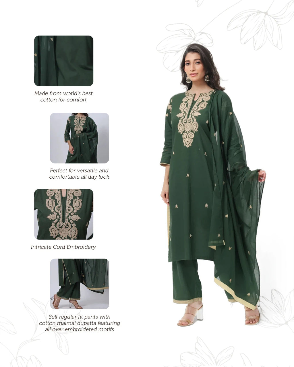 Embroidered Three Piece Suit Set in Forest Green