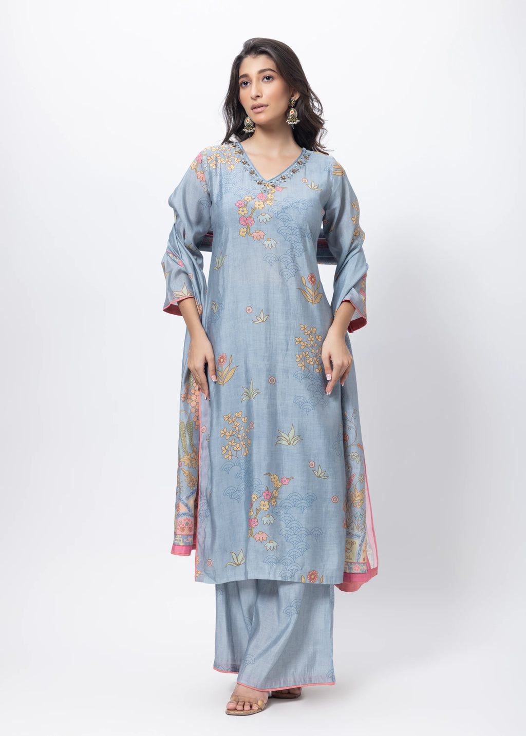 Printed Three Piece Suit Set in Steel Grey