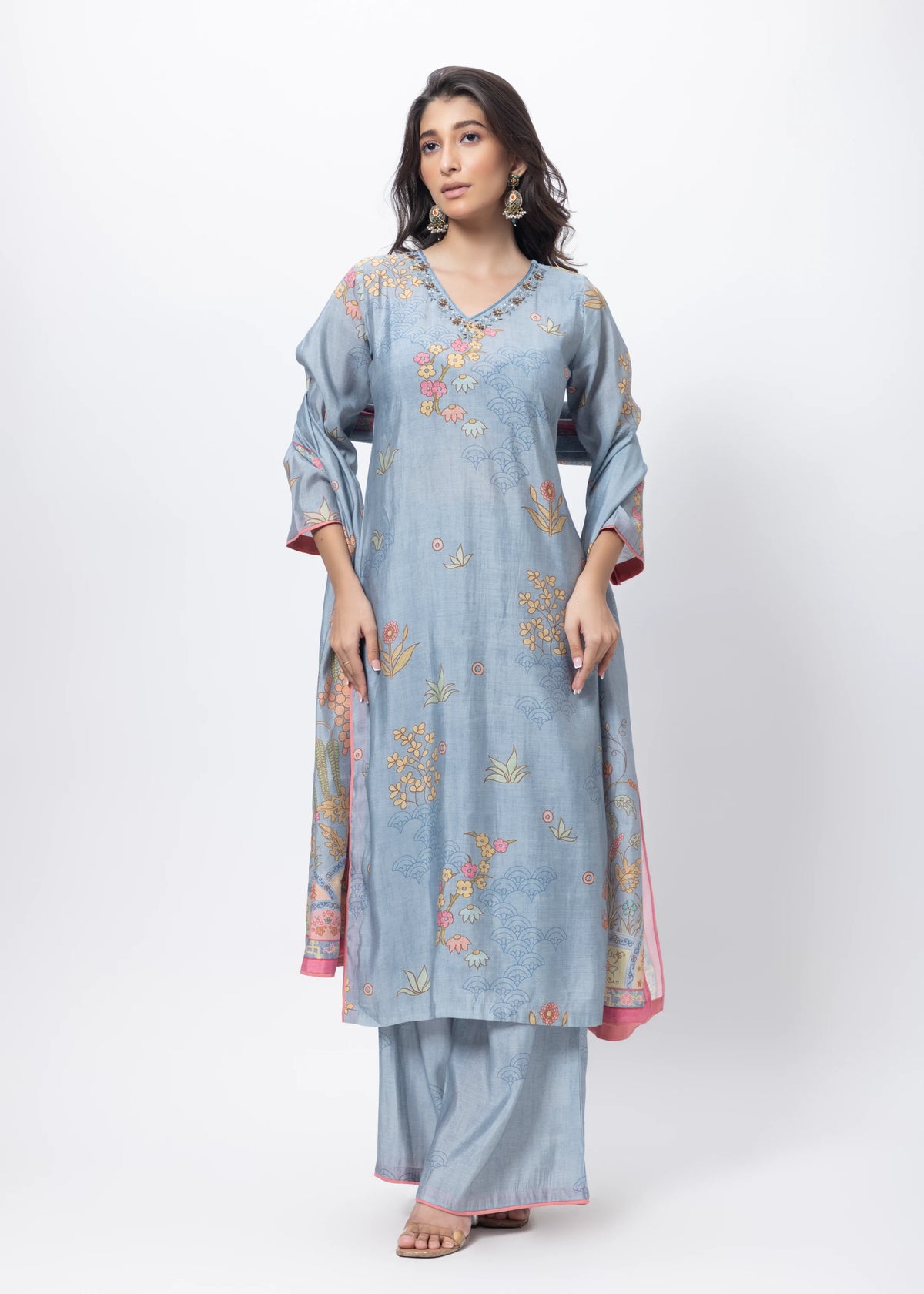 Printed Three Piece Suit Set in Steel Grey