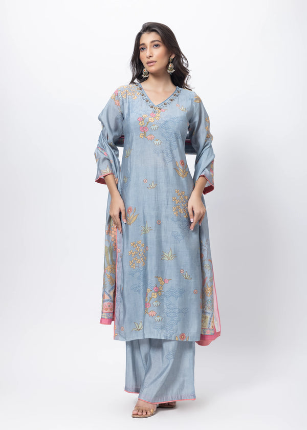 Printed Three Piece Suit Set in Steel Grey
