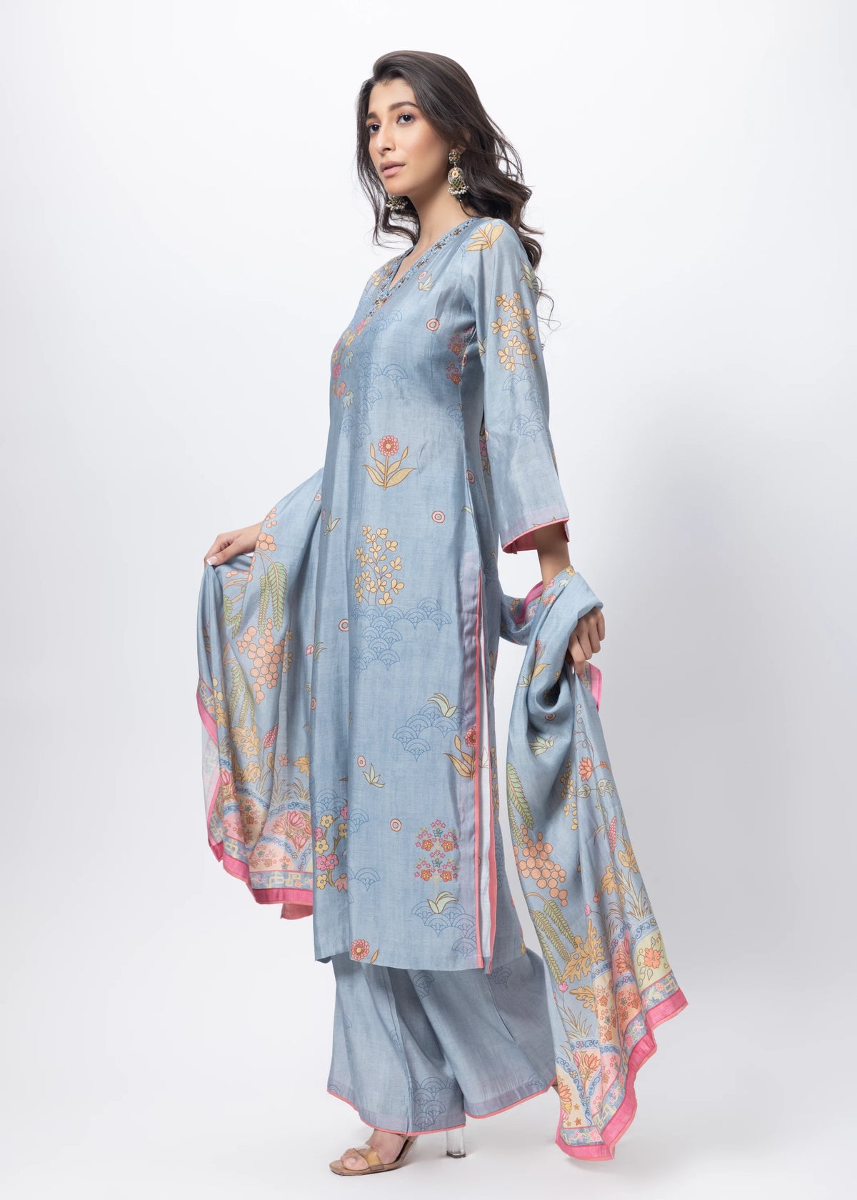 Printed Three Piece Suit Set in Steel Grey