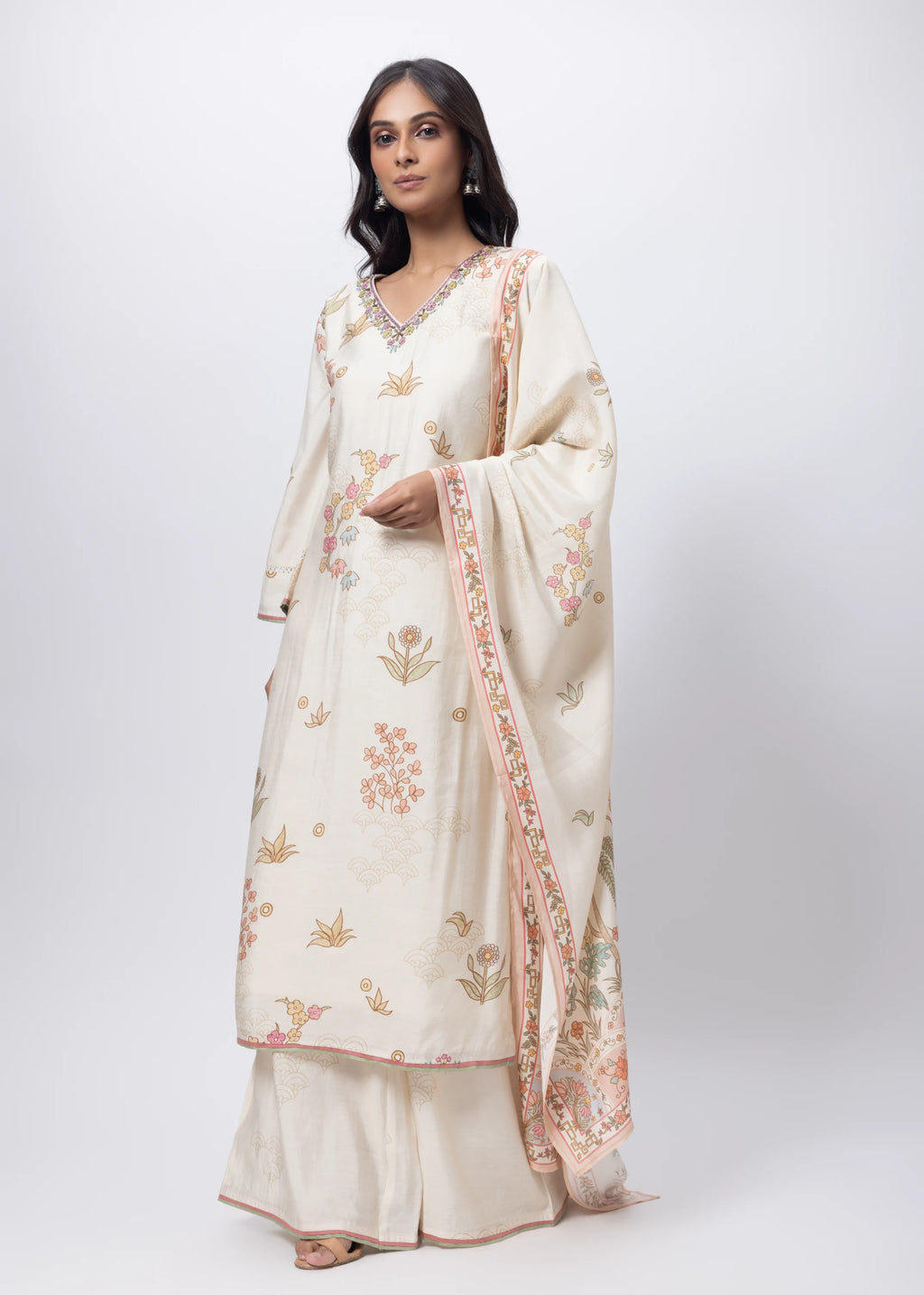 Printed Three Piece Suit Set in Ecru