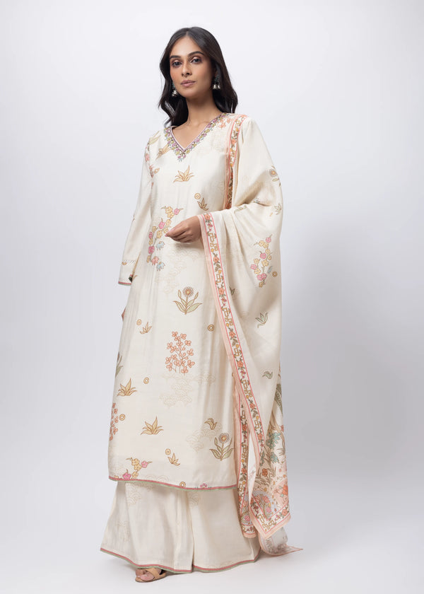 Printed Three Piece Suit Set in Ecru