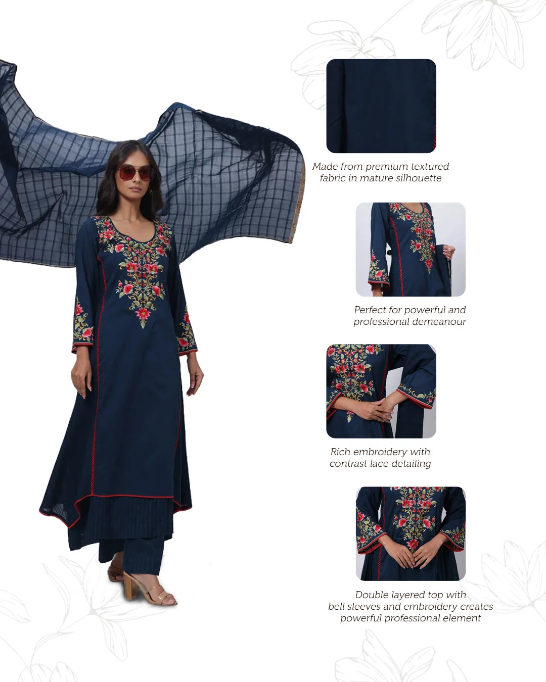 Princess Cut Three Piece Suit Set in Navy Blue