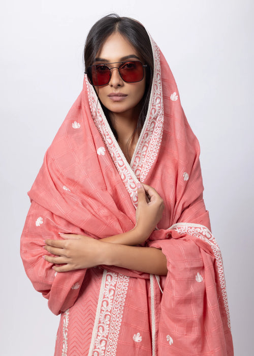 Embroidered and Textured Three Piece Suit Set in Onion Pink