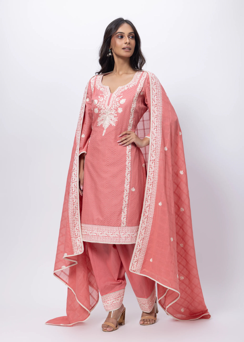 Embroidered and Textured Three Piece Suit Set in Onion Pink