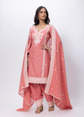 Embroidered and Textured Three Piece Suit Set in Onion Pink