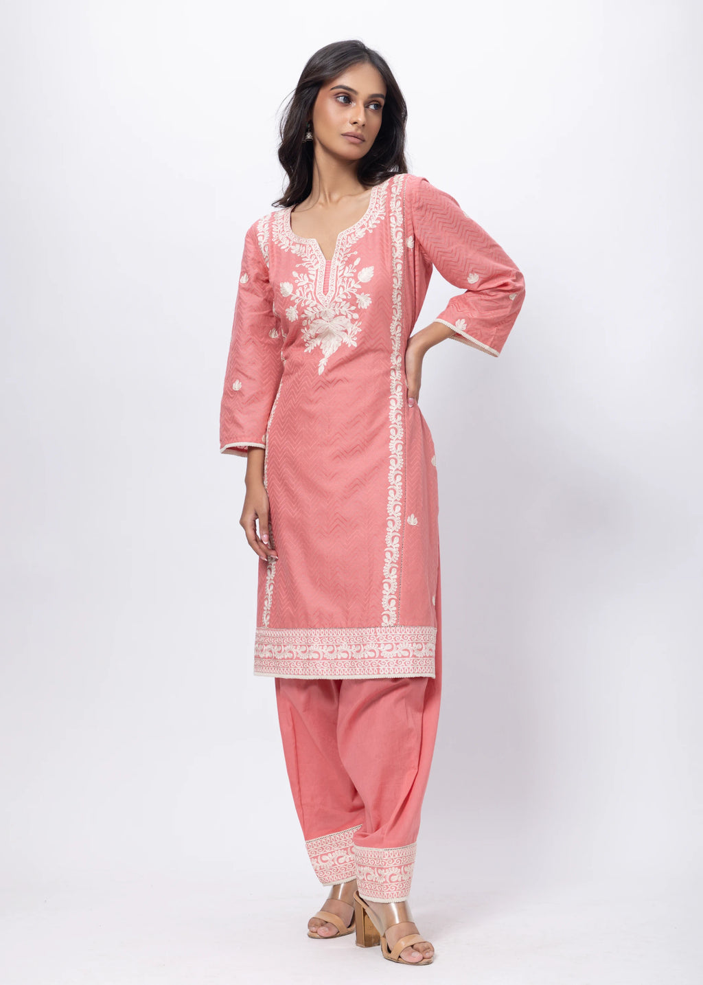 Embroidered and Textured Three Piece Suit Set in Onion Pink