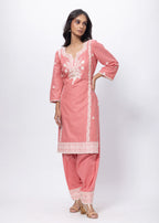 Embroidered and Textured Three Piece Suit Set in Onion Pink