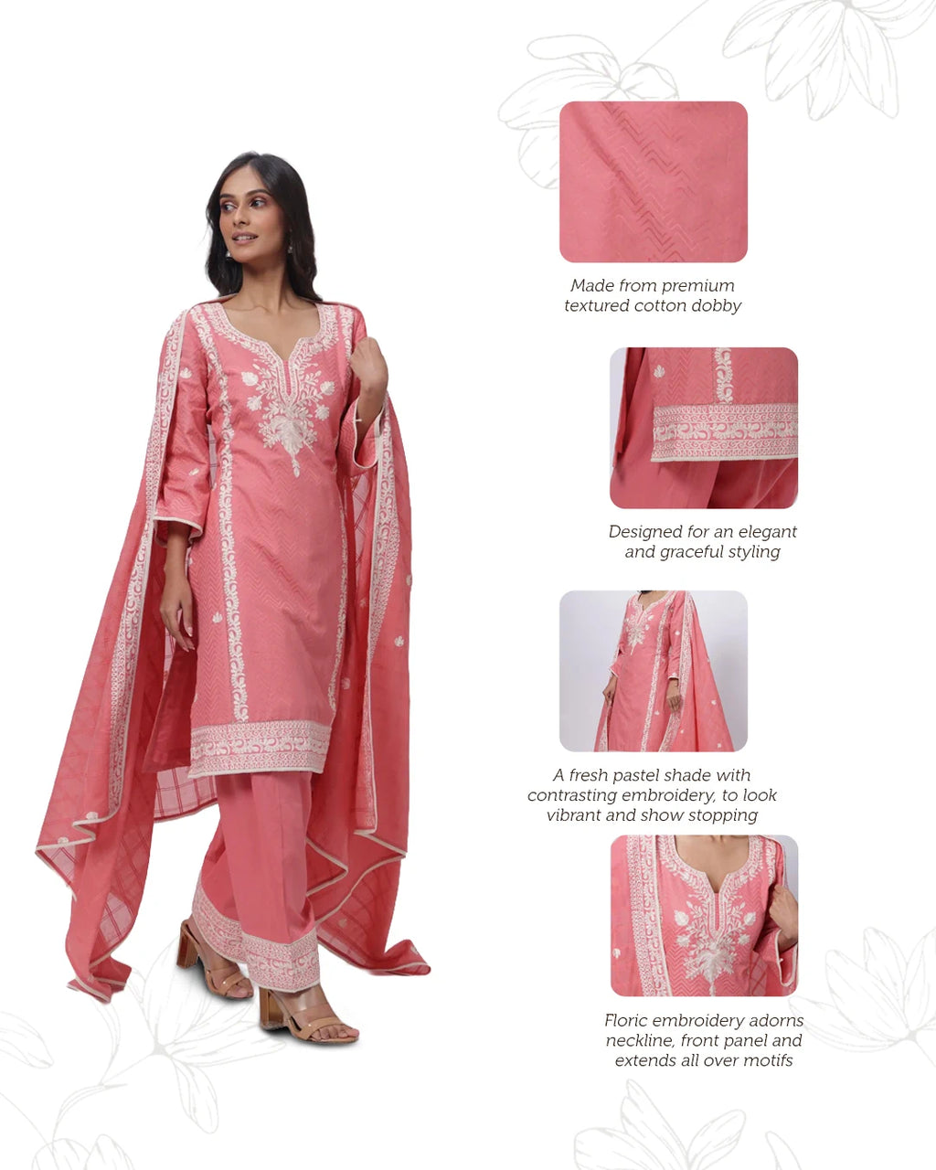 Embroidered and Textured Three Piece Suit Set in Onion Pink