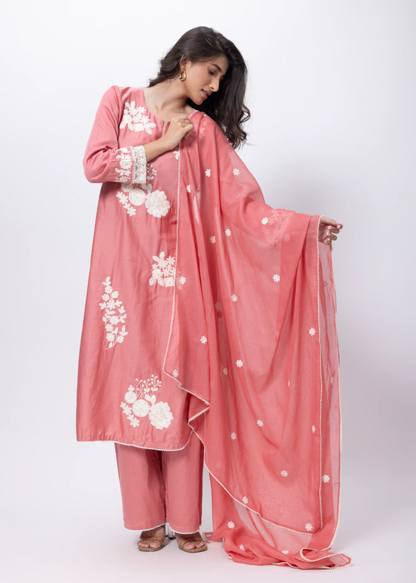 Embroidered Three Piece Suit Set in Onion Pink