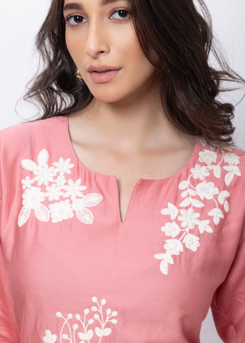 Embroidered Three Piece Suit Set in Onion Pink
