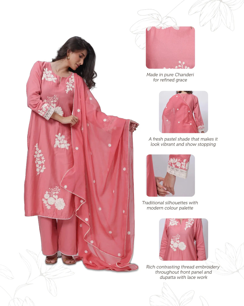 Embroidered Three Piece Suit Set in Onion Pink