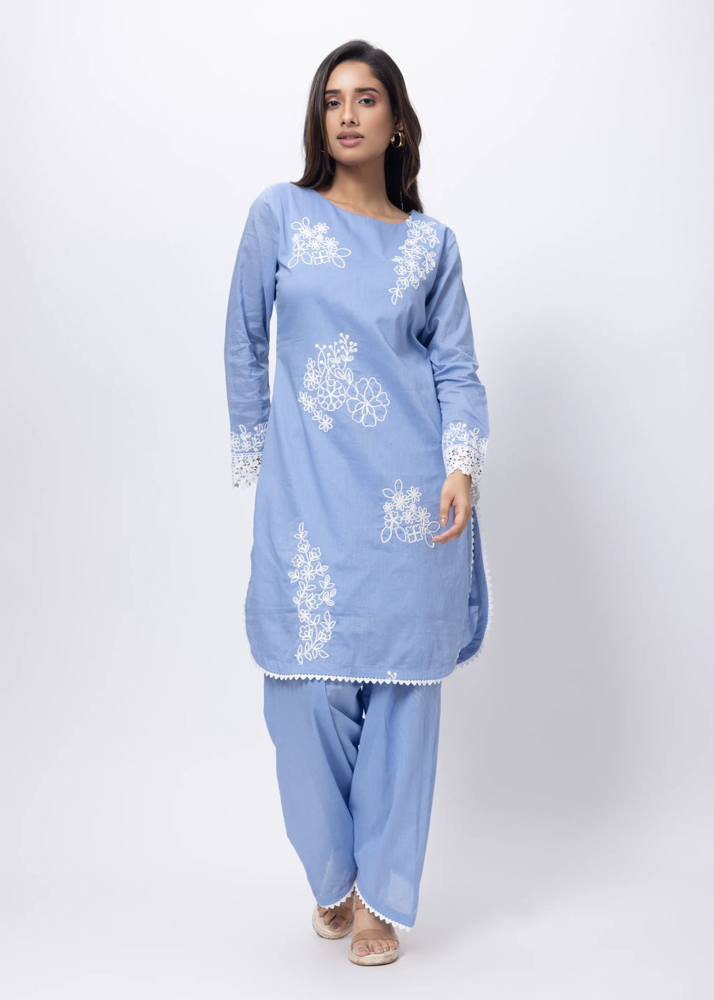 Embroidered Three Piece Suit Set in Lavender Blue
