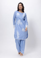 Embroidered Three Piece Suit Set in Lavender Blue
