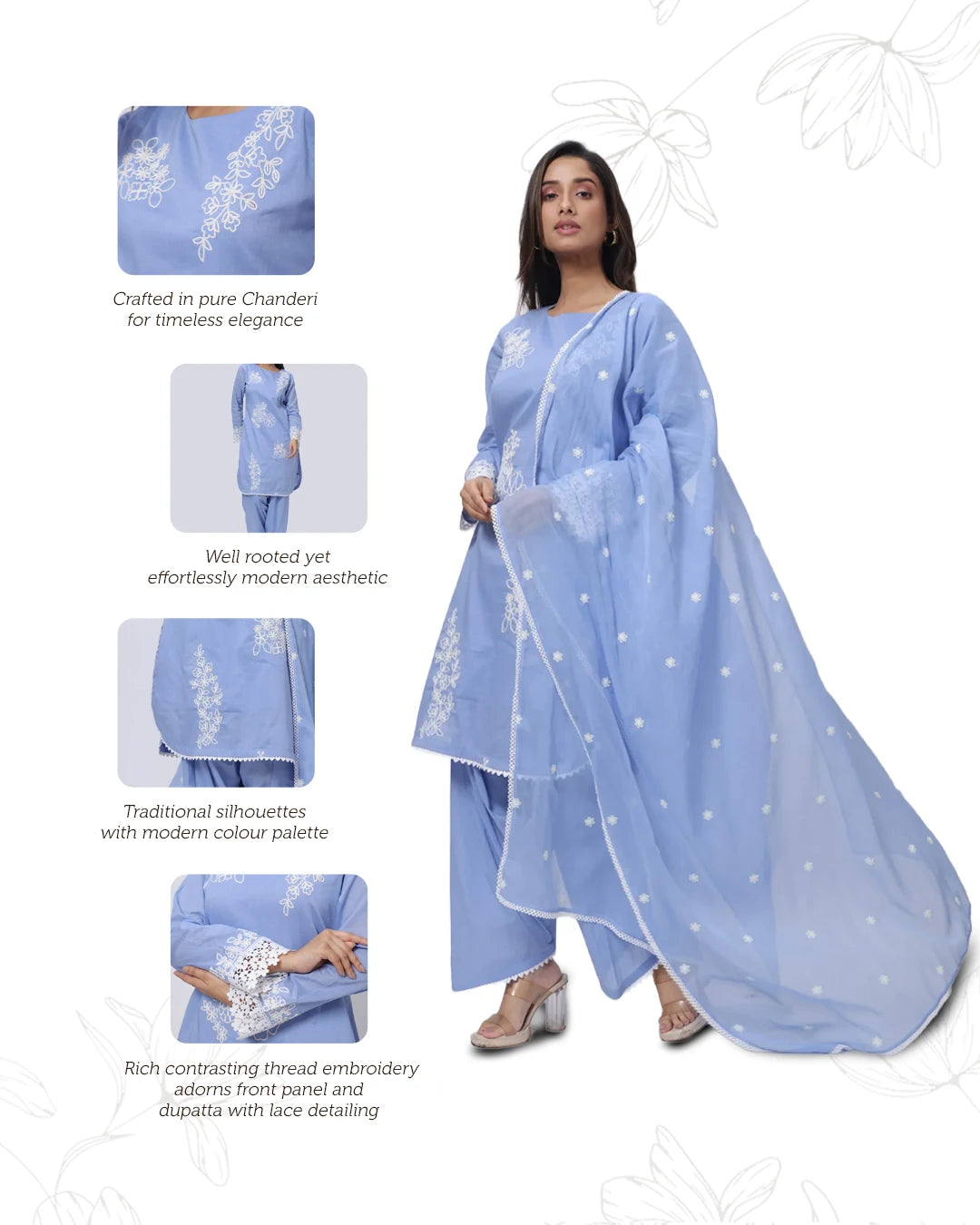 Embroidered Three Piece Suit Set in Lavender Blue
