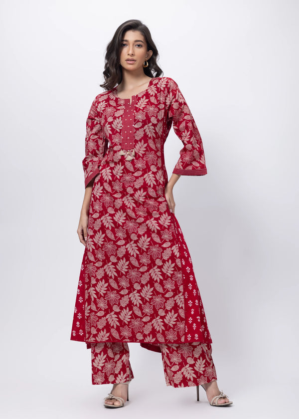 Printed Two Piece Suit Set in Blood Red