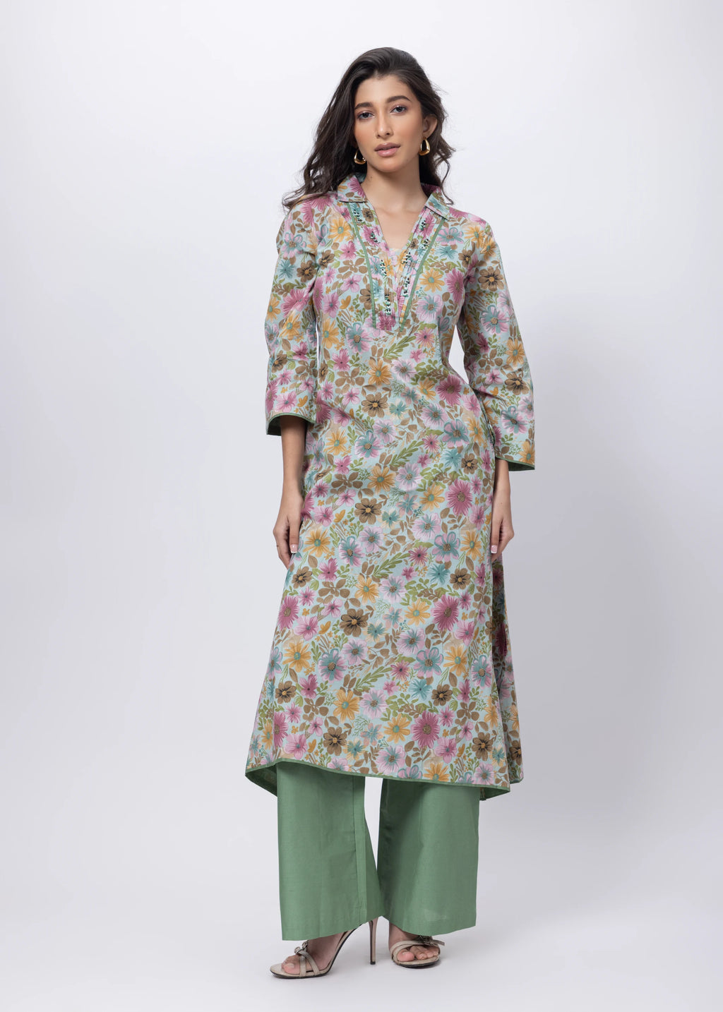 Printed Two Piece Suit Set in Green