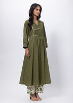 Printed Two Piece Suit Set in Olive Green