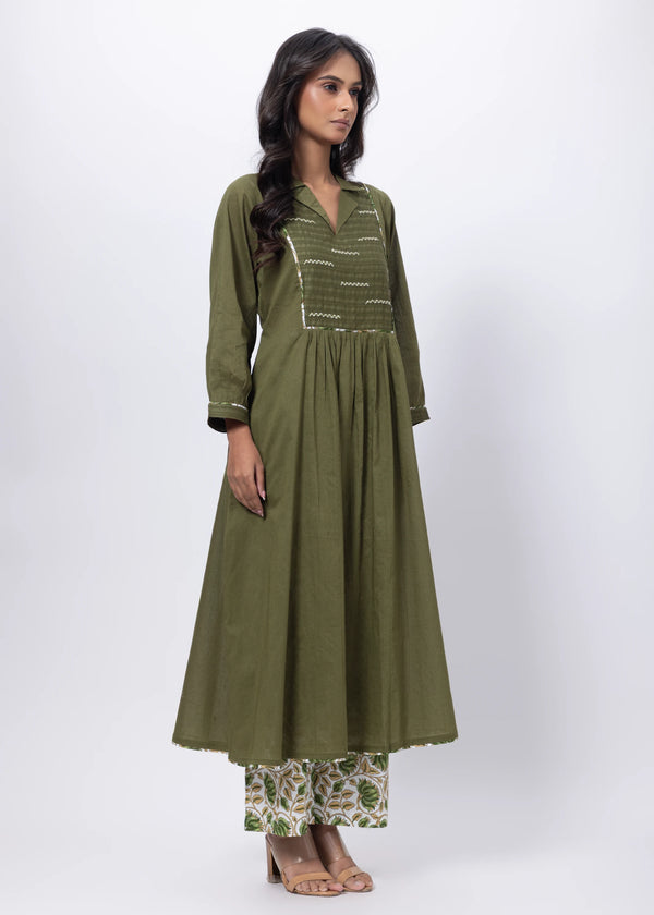 Printed Two Piece Suit Set in Olive Green