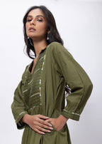 Printed Two Piece Suit Set in Olive Green