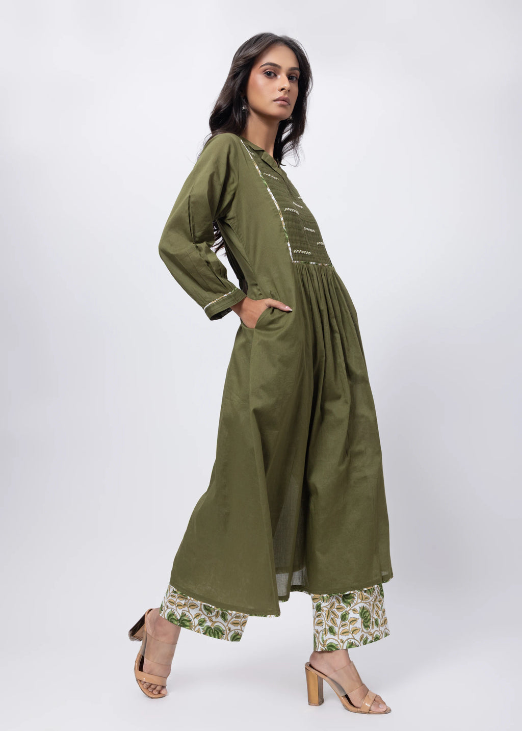 Printed Two Piece Suit Set in Olive Green