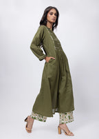 Printed Two Piece Suit Set in Olive Green