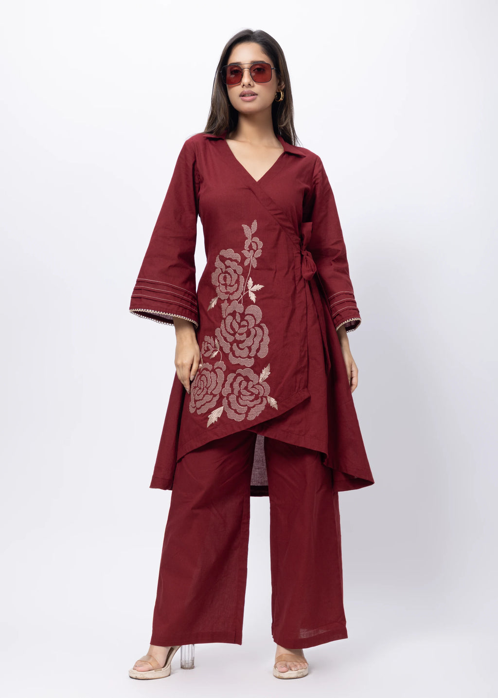 Embroidered Co-ord Set in Maroon