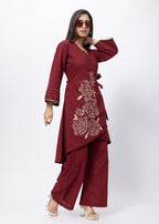 Embroidered Co-ord Set in Maroon
