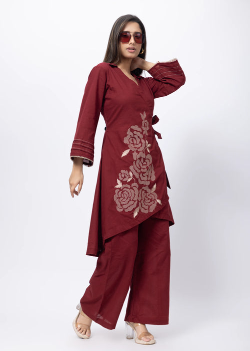 Embroidered Co-ord Set in Maroon