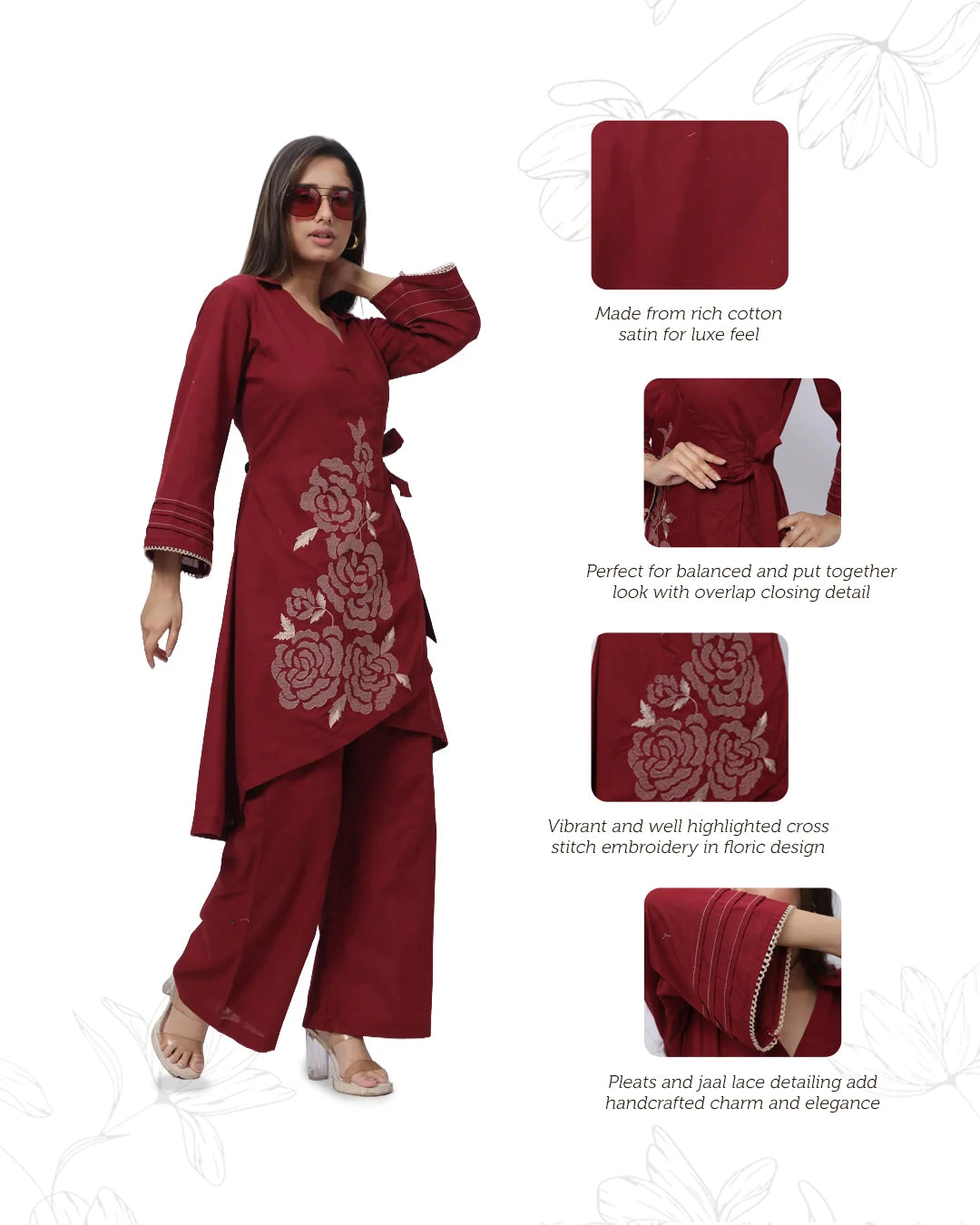 Embroidered Co-ord Set in Maroon