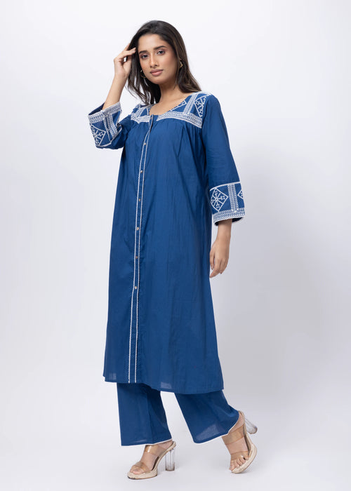 Embroidered Co-ord Set in Prussian Blue